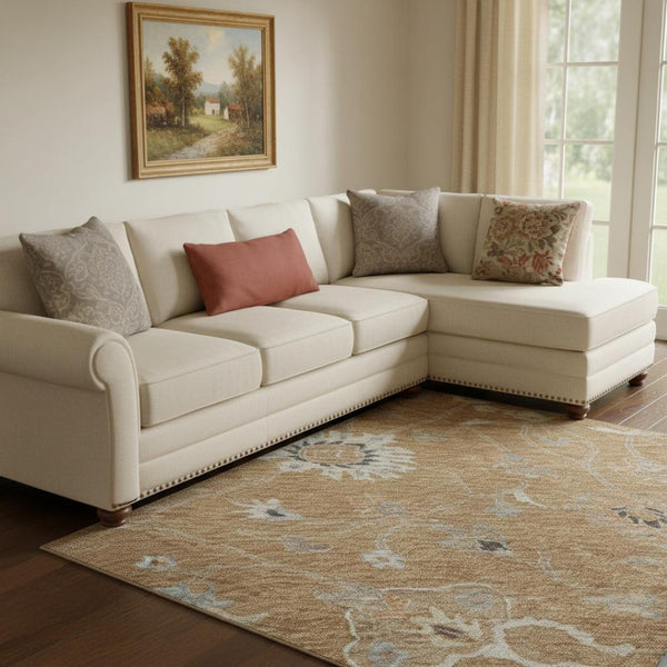 HomeRoots 10' Copper Beige & Denim Blue Floral Area Rug - Washable, UV Protected, Ideal for High-Traffic Spaces 686114