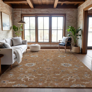 HomeRoots 10' Copper Beige & Denim Blue Floral Area Rug - Washable, UV Protected, Ideal for High-Traffic Spaces 686114