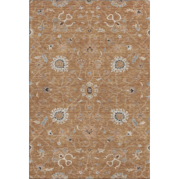 HomeRoots 10' Copper Beige & Denim Blue Floral Area Rug - Washable, UV Protected, Ideal for High-Traffic Spaces 686114