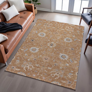 HomeRoots 10' Copper Beige & Denim Blue Floral Area Rug - Washable, UV Protected, Ideal for High-Traffic Spaces 686114