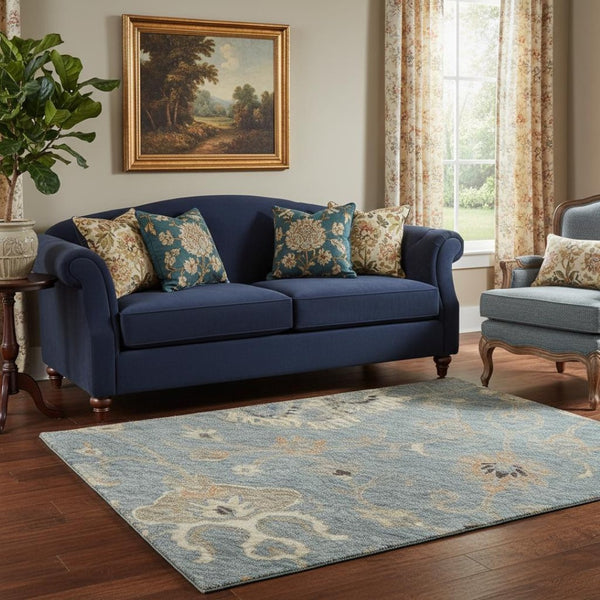 HomeRoots 5' X 8' Denim Blue, Beige & Copper Floral Area Rug - Washable, UV Protected & Stain Resistant Design 686116