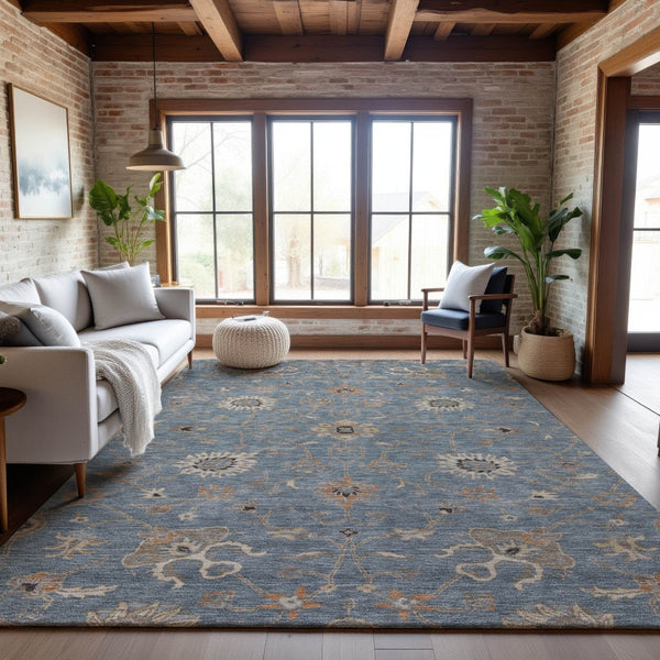 HomeRoots 5' X 8' Denim Blue, Beige & Copper Floral Area Rug - Washable, UV Protected & Stain Resistant Design 686116
