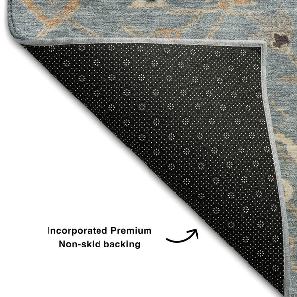 HomeRoots 5' X 8' Denim Blue, Beige & Copper Floral Area Rug - Washable, UV Protected & Stain Resistant Design 686116