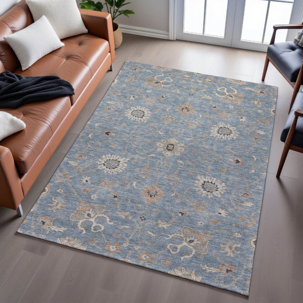 HomeRoots 5' X 8' Denim Blue, Beige & Copper Floral Area Rug - Washable, UV Protected & Stain Resistant Design 686116