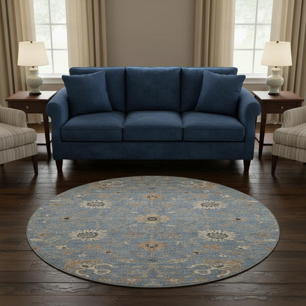 HomeRoots 8' Stylish Denim Blue and Beige Floral Round Rug - Washable, UV Protected, Ideal for High-Traffic Areas 686117