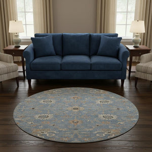 HomeRoots 8' Stylish Denim Blue and Beige Floral Round Rug - Washable, UV Protected, Ideal for High-Traffic Areas 686117