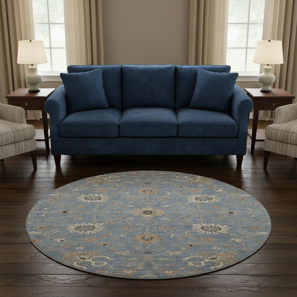 HomeRoots 8' Stylish Denim Blue and Beige Floral Round Rug - Washable, UV Protected, Ideal for High-Traffic Areas 686117