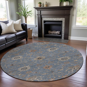 HomeRoots 8' Stylish Denim Blue and Beige Floral Round Rug - Washable, UV Protected, Ideal for High-Traffic Areas 686117
