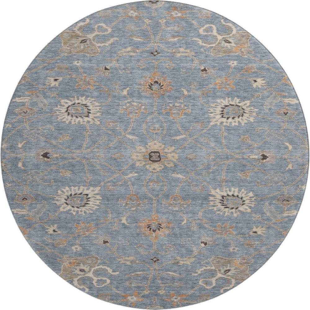 HomeRoots 8' Stylish Denim Blue and Beige Floral Round Rug - Washable, UV Protected, Ideal for High-Traffic Areas 686117