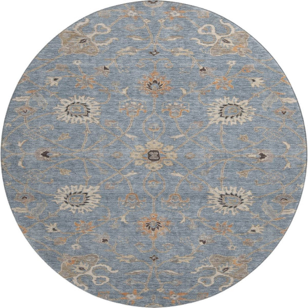HomeRoots 8' Stylish Denim Blue and Beige Floral Round Rug - Washable, UV Protected, Ideal for High-Traffic Areas 686117
