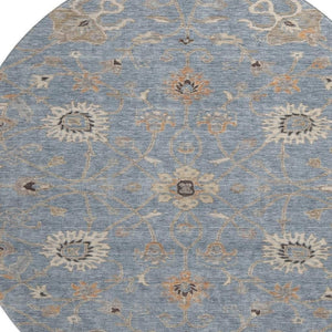 HomeRoots 8' Stylish Denim Blue and Beige Floral Round Rug - Washable, UV Protected, Ideal for High-Traffic Areas 686117