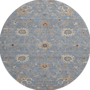 HomeRoots 8' Stylish Denim Blue and Beige Floral Round Rug - Washable, UV Protected, Ideal for High-Traffic Areas 686117