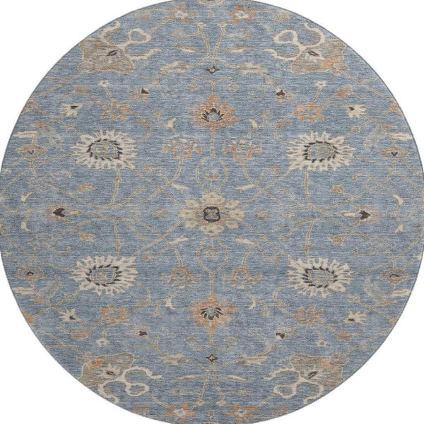 HomeRoots 8' Stylish Denim Blue and Beige Floral Round Rug - Washable, UV Protected, Ideal for High-Traffic Areas 686117