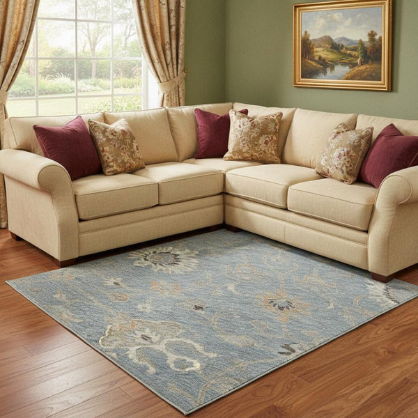 HomeRoots 8' X 10' Denim Blue Beige Copper Floral Area Rug – Durable, Stain Resistant, UV Protected Design Perfect for Homes 686118