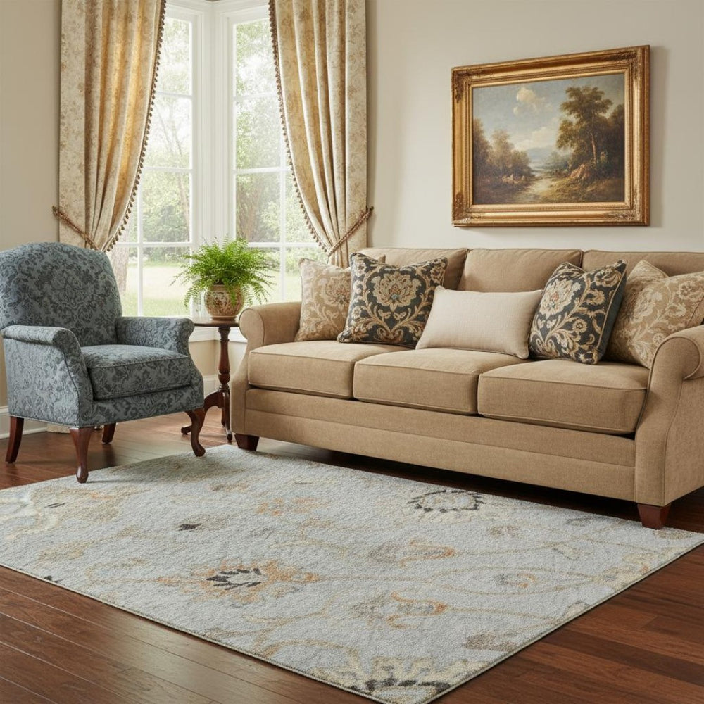 HomeRoots 5' X 8' Gray Copper Silver Floral Rug - Washable, Stain Resistant, UV Protected for Homes with Kids 686122
