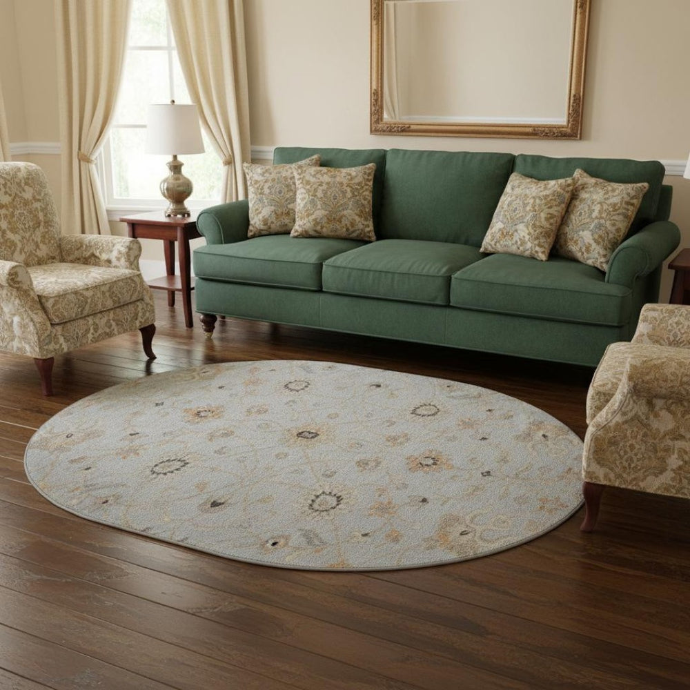 HomeRoots 8' Gray Copper and Silver Floral Round Rug - Washable, UV Protected, Stylish for Family Spaces! 686123