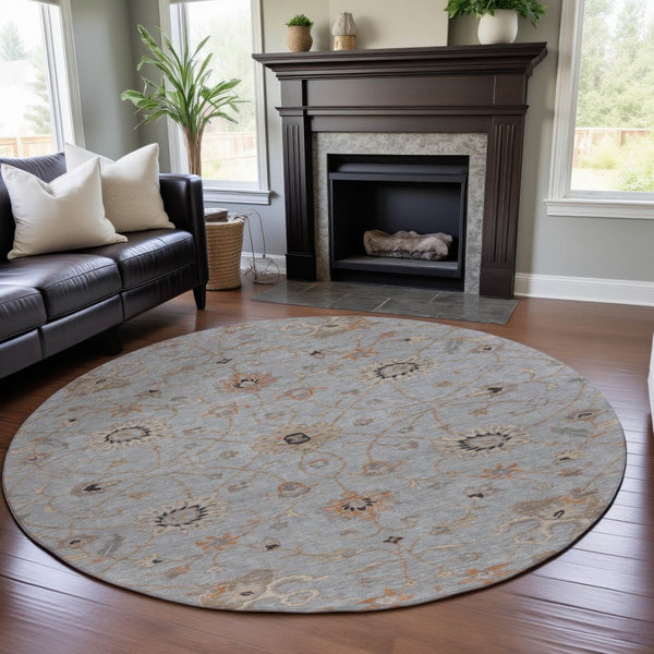 HomeRoots 8' Gray Copper and Silver Floral Round Rug - Washable, UV Protected, Stylish for Family Spaces! 686123