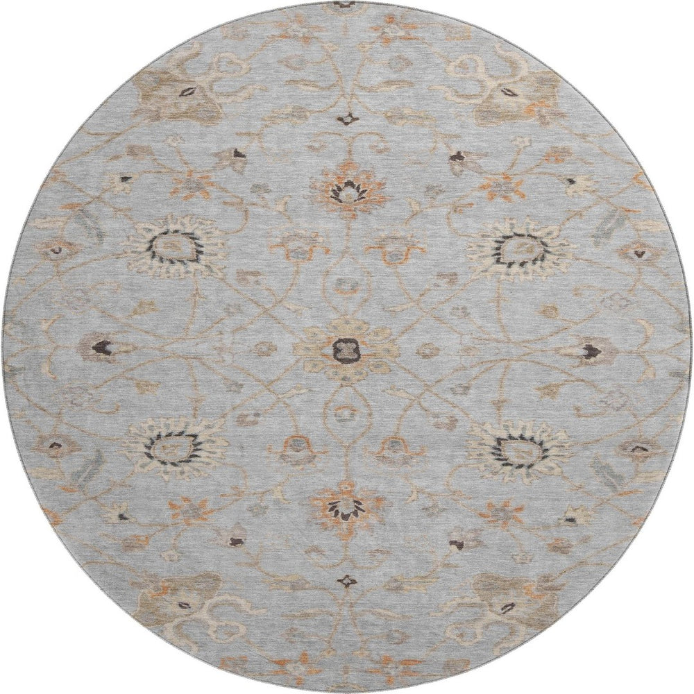 HomeRoots 8' Gray Copper and Silver Floral Round Rug - Washable, UV Protected, Stylish for Family Spaces! 686123