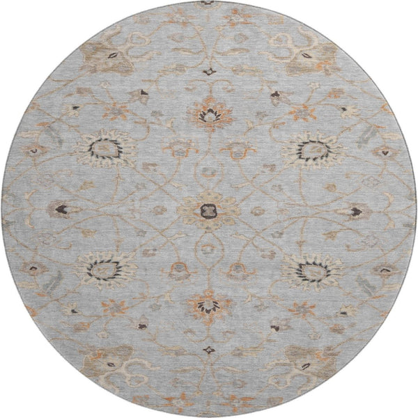HomeRoots 8' Gray Copper and Silver Floral Round Rug - Washable, UV Protected, Stylish for Family Spaces! 686123
