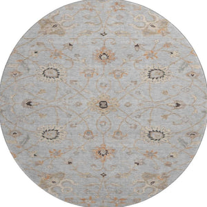 HomeRoots 8' Gray Copper and Silver Floral Round Rug - Washable, UV Protected, Stylish for Family Spaces! 686123