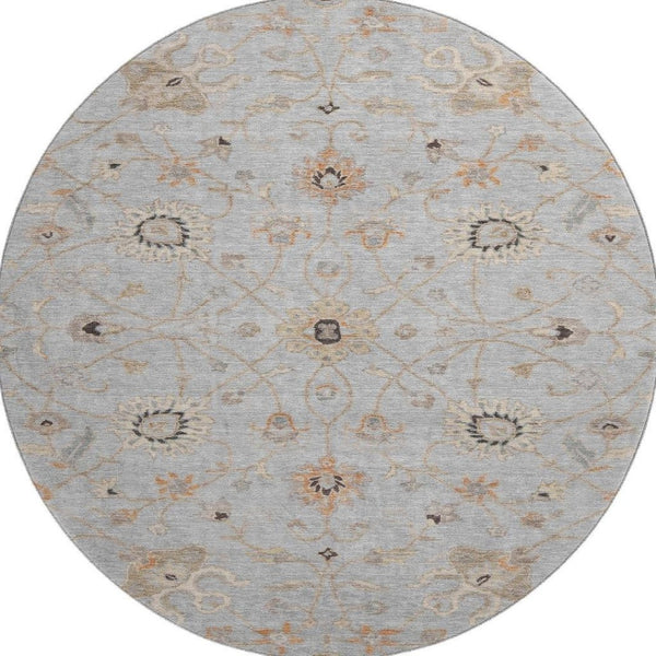 HomeRoots 8' Gray Copper and Silver Floral Round Rug - Washable, UV Protected, Stylish for Family Spaces! 686123