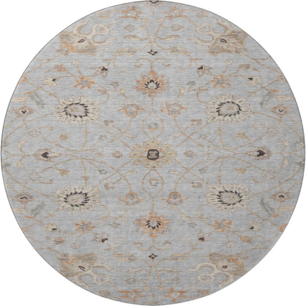 HomeRoots 8' Gray Copper and Silver Floral Round Rug - Washable, UV Protected, Stylish for Family Spaces! 686123