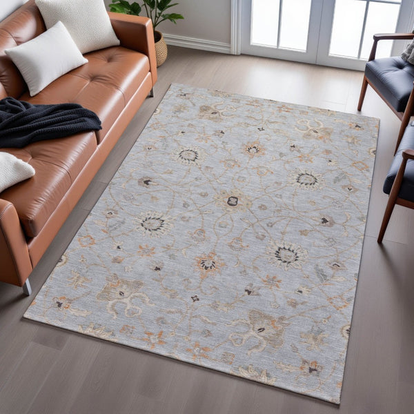 HomeRoots 10' Gray Copper & Silver Floral Washable Area Rug - UV Protection, Stain Resistant, Durable Design 686126