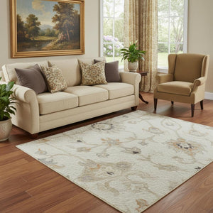 HomeRoots 5' X 8' Floral Ivory, Copper & Gray Area Rug - Washable, UV Protected, Stain Resistant for Homes 686128