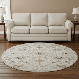 HomeRoots 8' Elegant Ivory Copper & Gray Floral Washable Round Rug - Durable, UV-Protected for All Spaces! 686129