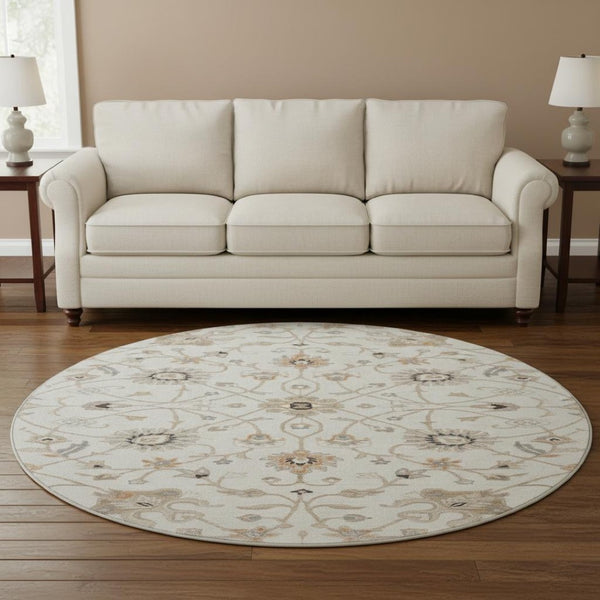HomeRoots 8' Elegant Ivory Copper & Gray Floral Washable Round Rug - Durable, UV-Protected for All Spaces! 686129