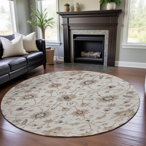 HomeRoots 8' Elegant Ivory Copper & Gray Floral Washable Round Rug - Durable, UV-Protected for All Spaces! 686129