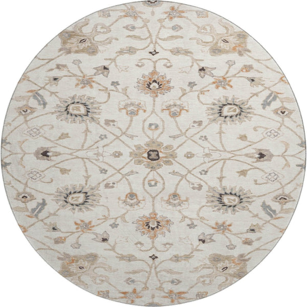 HomeRoots 8' Elegant Ivory Copper & Gray Floral Washable Round Rug - Durable, UV-Protected for All Spaces! 686129