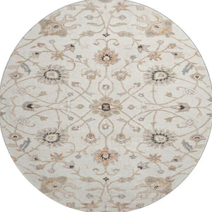 HomeRoots 8' Elegant Ivory Copper & Gray Floral Washable Round Rug - Durable, UV-Protected for All Spaces! 686129
