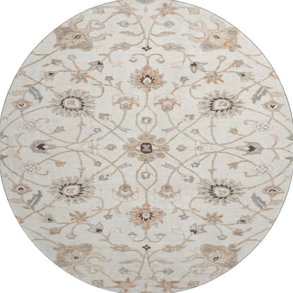 HomeRoots 8' Elegant Ivory Copper & Gray Floral Washable Round Rug - Durable, UV-Protected for All Spaces! 686129