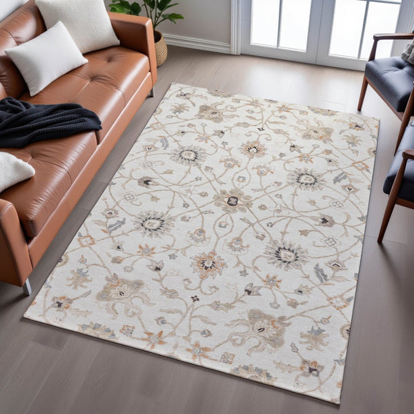 HomeRoots 10' X 14' Elegant Ivory, Copper & Gray Floral Area Rug with UV Protection - Washable & Stain Resistant! 686132