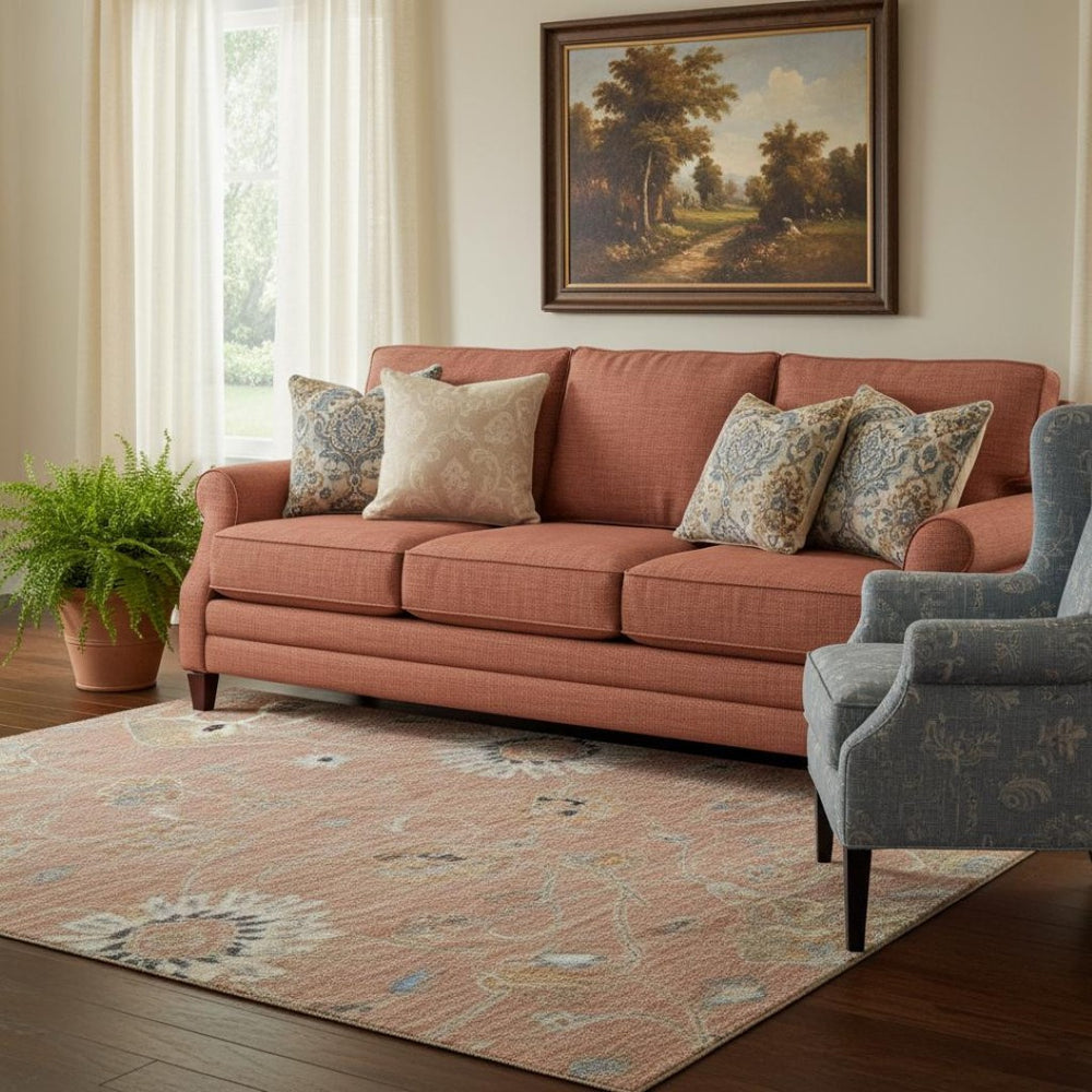 HomeRoots 5' X 8' Vintage Pink Denim Floral Area Rug - Washable, UV Protected, Durable & Stylish Home Décor 686134