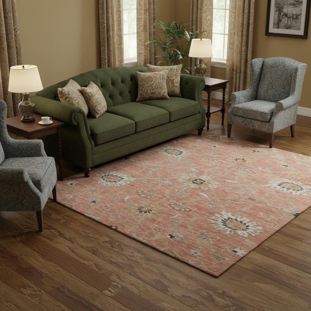 HomeRoots 8' Pink Denim Floral Round Rug – Washable, UV-Protected, Stain-Resistant, Perfect for Homes with Kids! 686135