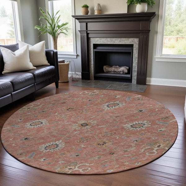 HomeRoots 8' Pink Denim Floral Round Rug – Washable, UV-Protected, Stain-Resistant, Perfect for Homes with Kids! 686135