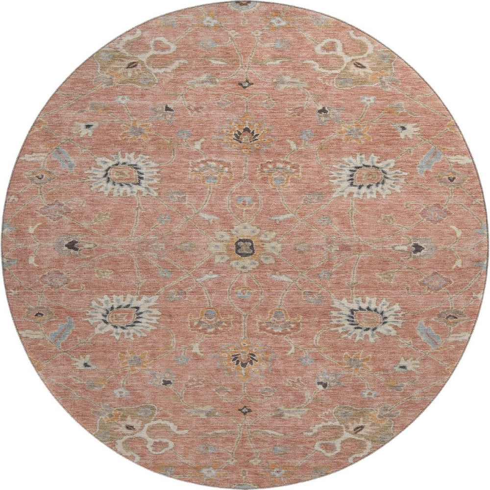 HomeRoots 8' Pink Denim Floral Round Rug – Washable, UV-Protected, Stain-Resistant, Perfect for Homes with Kids! 686135