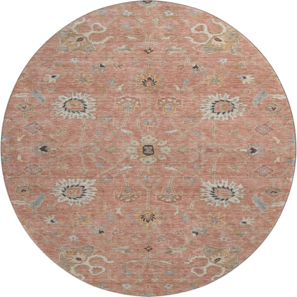 HomeRoots 8' Pink Denim Floral Round Rug – Washable, UV-Protected, Stain-Resistant, Perfect for Homes with Kids! 686135