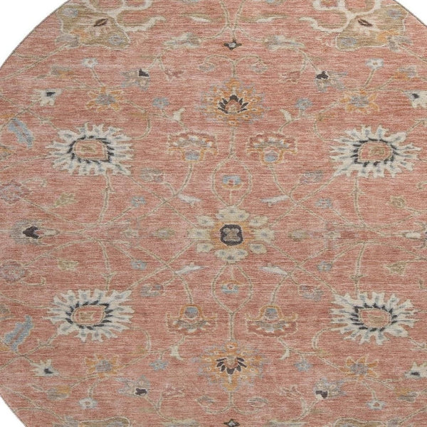 HomeRoots 8' Pink Denim Floral Round Rug – Washable, UV-Protected, Stain-Resistant, Perfect for Homes with Kids! 686135