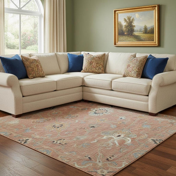 HomeRoots 10' X 14' Washable Floral Area Rug in Pink Denim, Blue & Silver - UV Protected, Stain-Resistant Comfort 686138