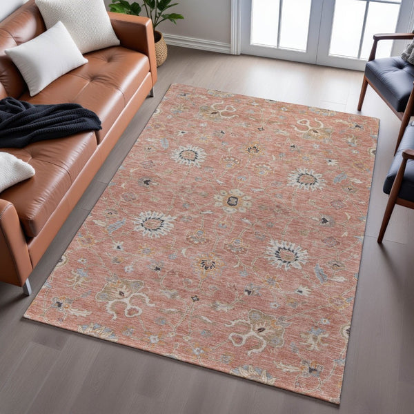 HomeRoots 10' X 14' Washable Floral Area Rug in Pink Denim, Blue & Silver - UV Protected, Stain-Resistant Comfort 686138