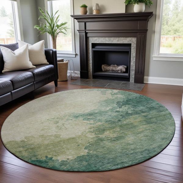 HomeRoots 8' Oversized Green & Beige Abstract Washable Round Rug with UV Protection for Stylish Living Spaces 686141