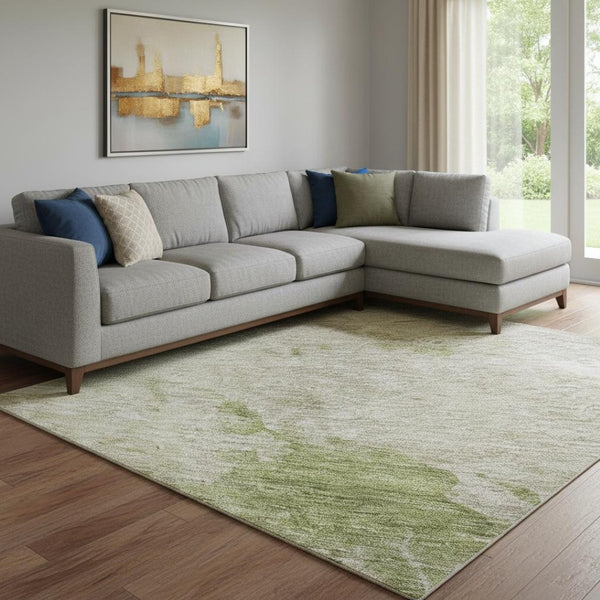HomeRoots 10' X 14' Stylish Olive Green and Beige Abstract Area Rug – Washable, UV-Protected & Durable Design 686156
