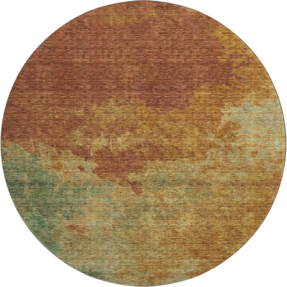 HomeRoots 8' Vibrant Rust Gold and Teal Abstract Washable Round Rug with UV Protection for Family Spaces 686159