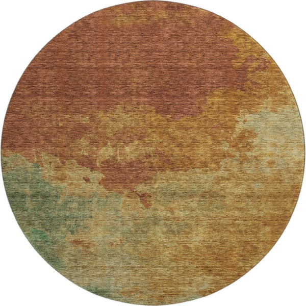 HomeRoots 8' Vibrant Rust Gold and Teal Abstract Washable Round Rug with UV Protection for Family Spaces 686159