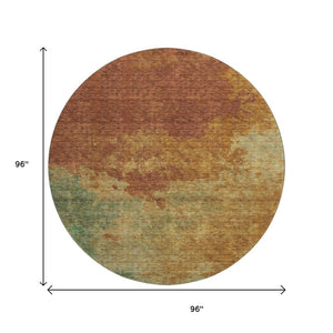 HomeRoots 8' Vibrant Rust Gold and Teal Abstract Washable Round Rug with UV Protection for Family Spaces 686159