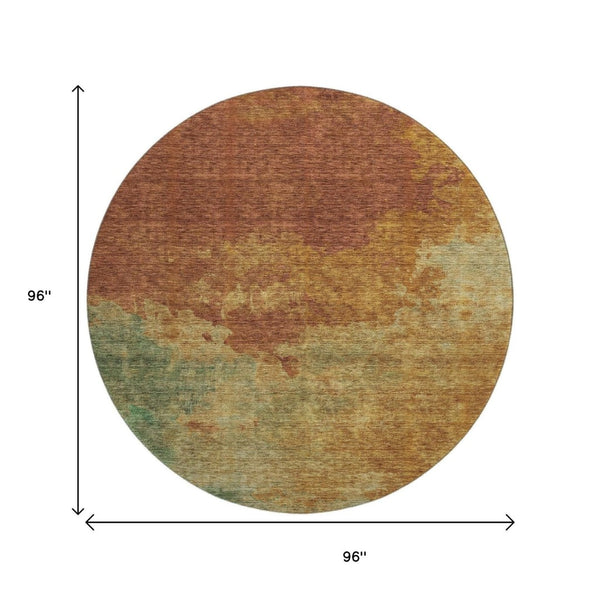 HomeRoots 8' Vibrant Rust Gold and Teal Abstract Washable Round Rug with UV Protection for Family Spaces 686159