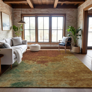 HomeRoots 10' X 14' Abstract Area Rug in Rust, Gold & Teal - Washable, UV-Protected, Stain-Resistant Design 686162